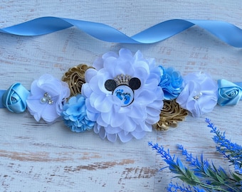 Prince Mickey Mouse Maternity Sash Royal Prince Mickey Mouse Baby Shower Sash Boy Blue Pregnancy Belt Mom to be Sash