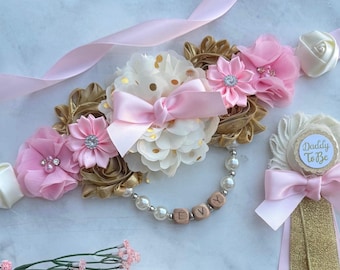 Pink Bow Baby Shower Maternity Sash , Mom to be Sash, Mom Dad and Family Pins Baby Shower Corsages