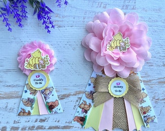 Winnie The Pooh Classic Baby Shower Corsage ,Mommy to be Pin ,Winnie the Pooh Corsage ,Baby Shower Girl , Mommy to be Ribbon, Mommy Corsage