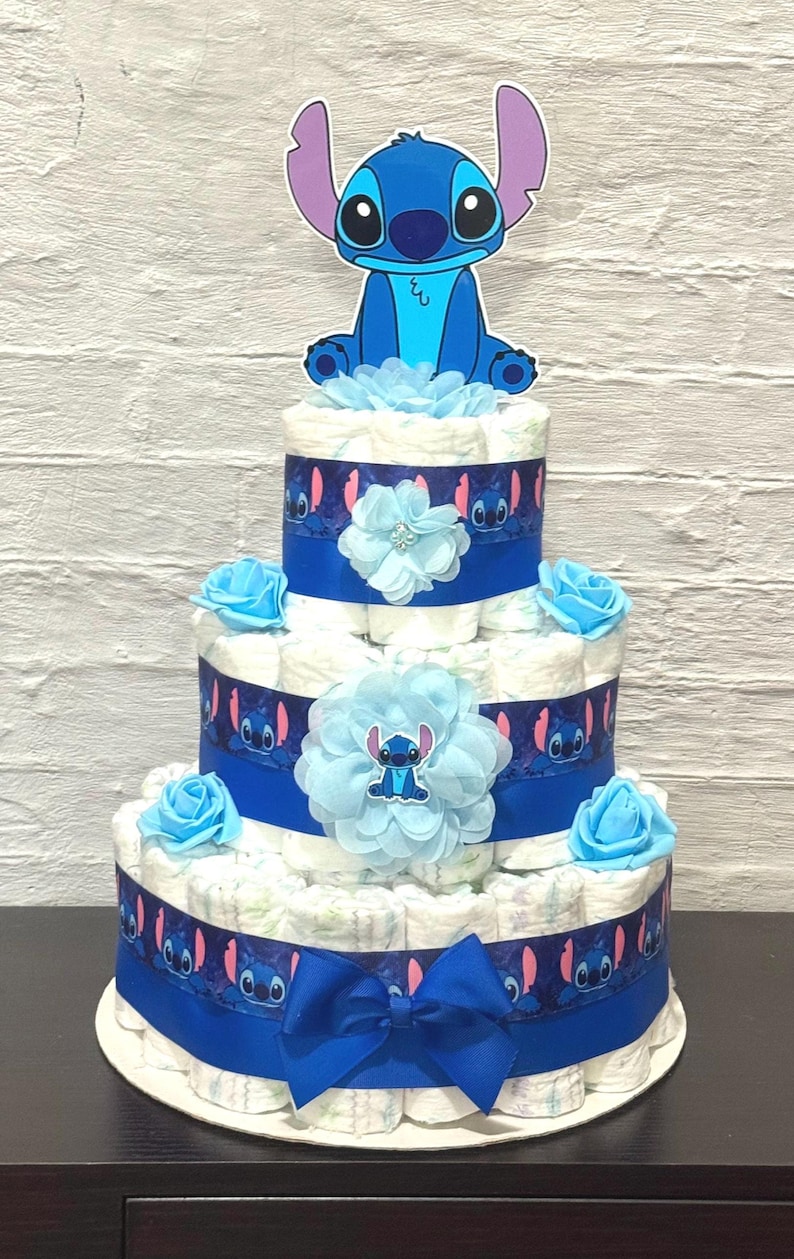 Stitch Diaper Cake Baby Shower 3 tier Diaper Cake Stitch Baby Shower Centerpieces Shower Decoration Table Centerpieces Baby Shower Gift image 3