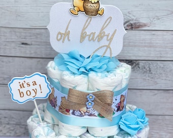 Gâteau de couches pour baby shower ourson classique - Garçon Ourson classique Baby Shower pour garçon Ourson classique pour baby shower Pièce maîtresse de baby shower Cadeau de baby shower