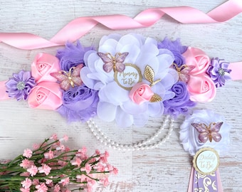 Pink Purple Butterfly Baby Shower Maternity Sash Girl , Mom Dad and Family pins