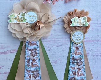 Dinosaur Baby Shower Corsages Mom and Dad to be Pins Dinosaur Baby Shower Boy Dino Baby Shower Pins Mommy Ribbon Family Pins