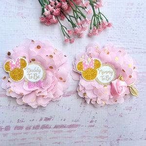 Minnie Mouse Baby Shower Corsage ,Mommy and Daddy to be Pins ,Pink Gold Minnie Baby Shower Girl ,Mommy Corsage , Family Pins , Grandma Pins