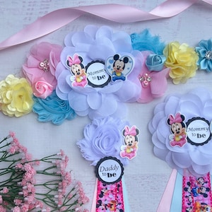 Mickey Minnie Mouse Baby Shower Sash Baby Mickey Minnie Maternity Sash Pregnancy Belt Baby Shower Pins Gender Reveal Baby Shower Sash