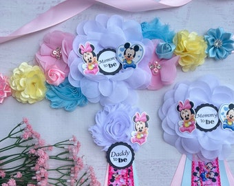 Mickey Minnie Mouse Baby Shower Sash Baby Mickey Minnie Maternity Sash Pregnancy Belt Baby Shower Pins Gender Reveal Baby Shower Sash