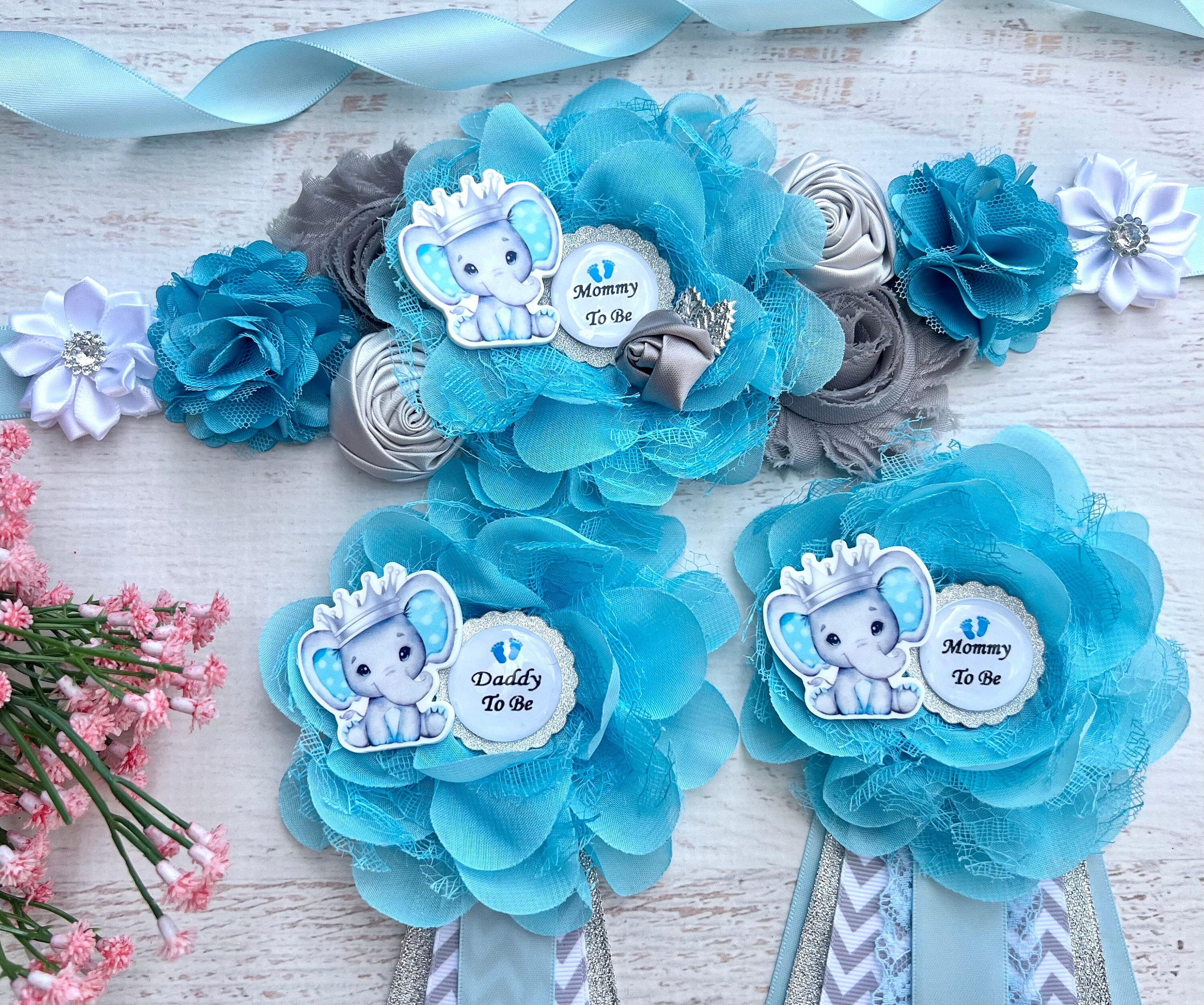 Blue Elephant Baby Shower Maternity Sash Boy , Mom Dad and 