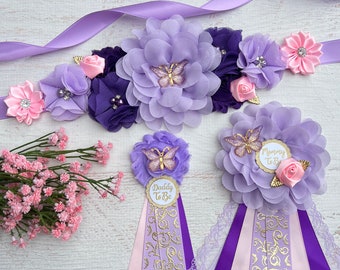 Butterfly Baby Shower Maternity Sash Girl, Mom Dad and Family Pins