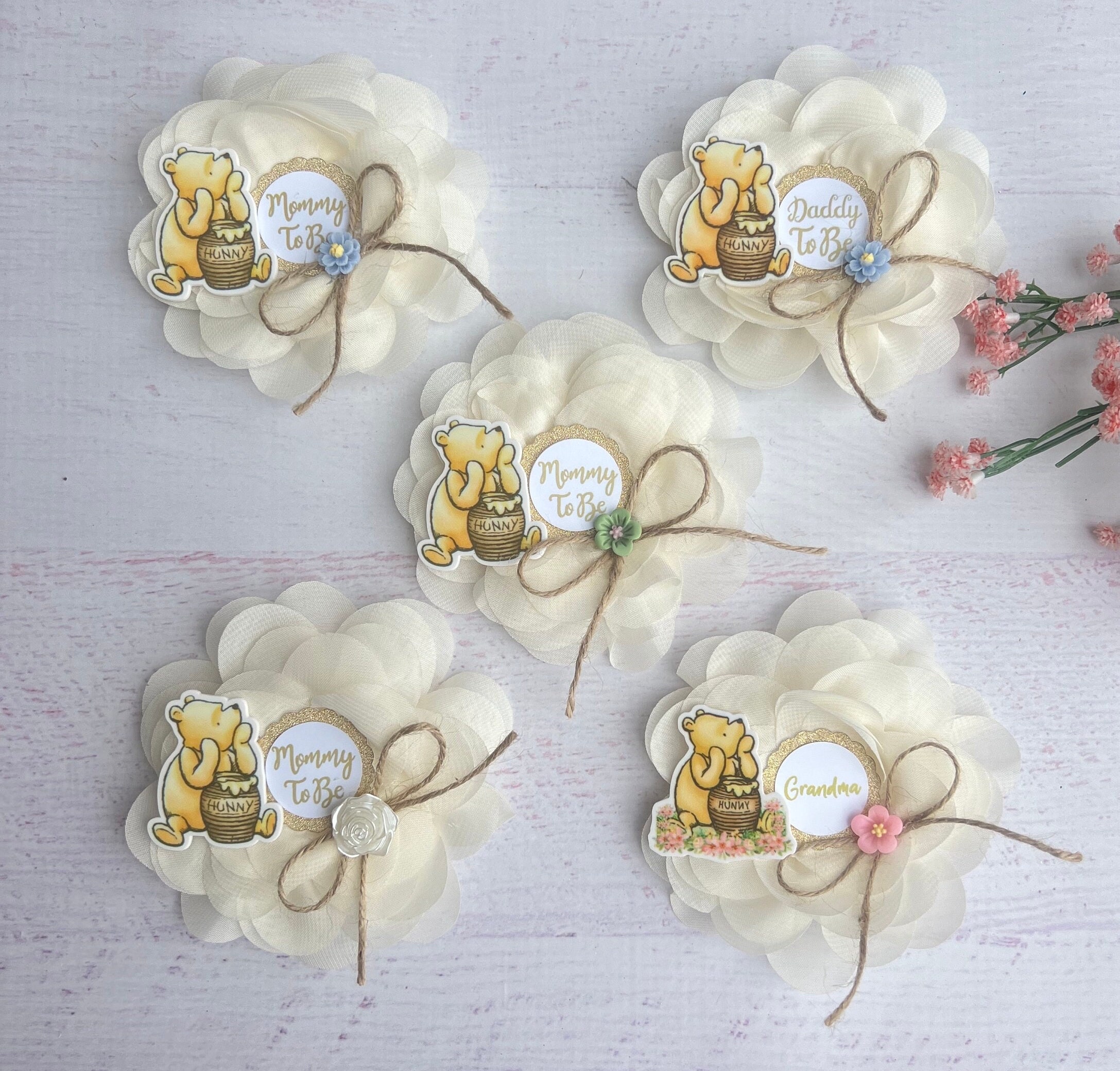 Classic Winnie The Pooh Baby Shower Pins ,Classic Pooh Baby Shower Corsages ,Mom and Dad Pins ,Family Pins , Grandma Pins ,Pooh Baby Shower
