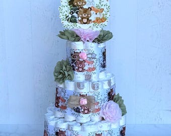Floral Woodland Diaper Cake, Baby Shower Centerpiece Decor Gift, Girl ...