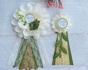 Greenery Baby Shower Corsage Baby Shower Pin Mommy to be Pin Daddy Pin Gender Neutral Baby Shower Mommy Corsage Mommy to be Ribbon
