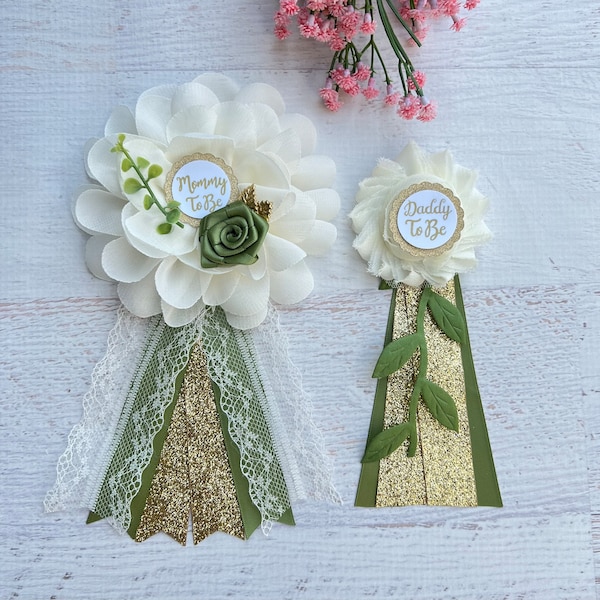 Greenery Baby Shower Corsage Baby Shower Pin Mommy to be Pin Daddy Pin Gender Neutral Baby Shower Mommy Corsage Mommy to be Ribbon