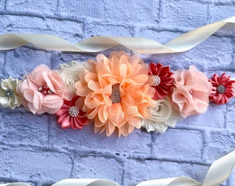 Coral yellow white pink Sash fall sash flower Belt maternity sash Coral yellow white pink Sash fall sash flower Belt maternity sash