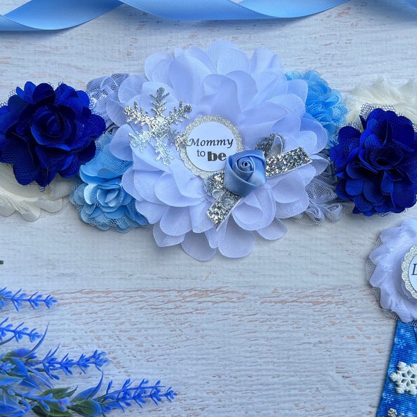 Winter Wonderland Baby Shower Sash Boy , Winter Wonderland Maternity Sash, Snowflake Baby Shower Sash, Blue Snowflake Maternity Belt