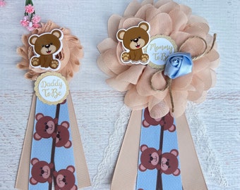 Teddy Bear Baby Shower Corsage Blue Teddy Bear Baby Shower Pin Mommy to be Pin Mom & Dad To Be Pins Mommy to be Corsage Mommy To Be Ribbon