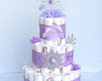 Purple Snowflake Diaper Cake, 3-Tier Baby Shower Centerpiece, Winter Wonderland