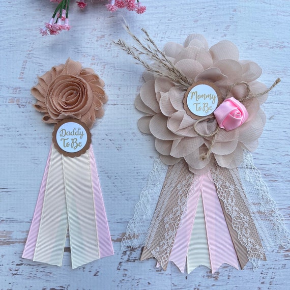 Boho Pink Baby Shower Corsage Mom Dad Pins Boho Baby Shower Pin Mommy  Corsage Mommy to be Ribbon Baby Shower Girl Pampas Grass Baby Shower