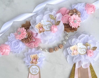 Teddy Bear Baby Shower Maternity Sash , Mommy To Be Sash Girl Teddy Bear Baby Shower Corsage, Mom Dad To Be Pins , Family Baby Shower Pins