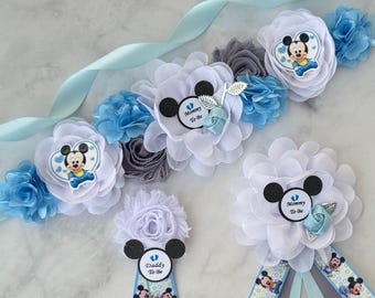 Faja de Baby Mickey para baby shower, faja de maternidad de Baby Mickey, faja de embarazo, ramilletes para baby shower, prendedores de Mickey Mouse para baby shower