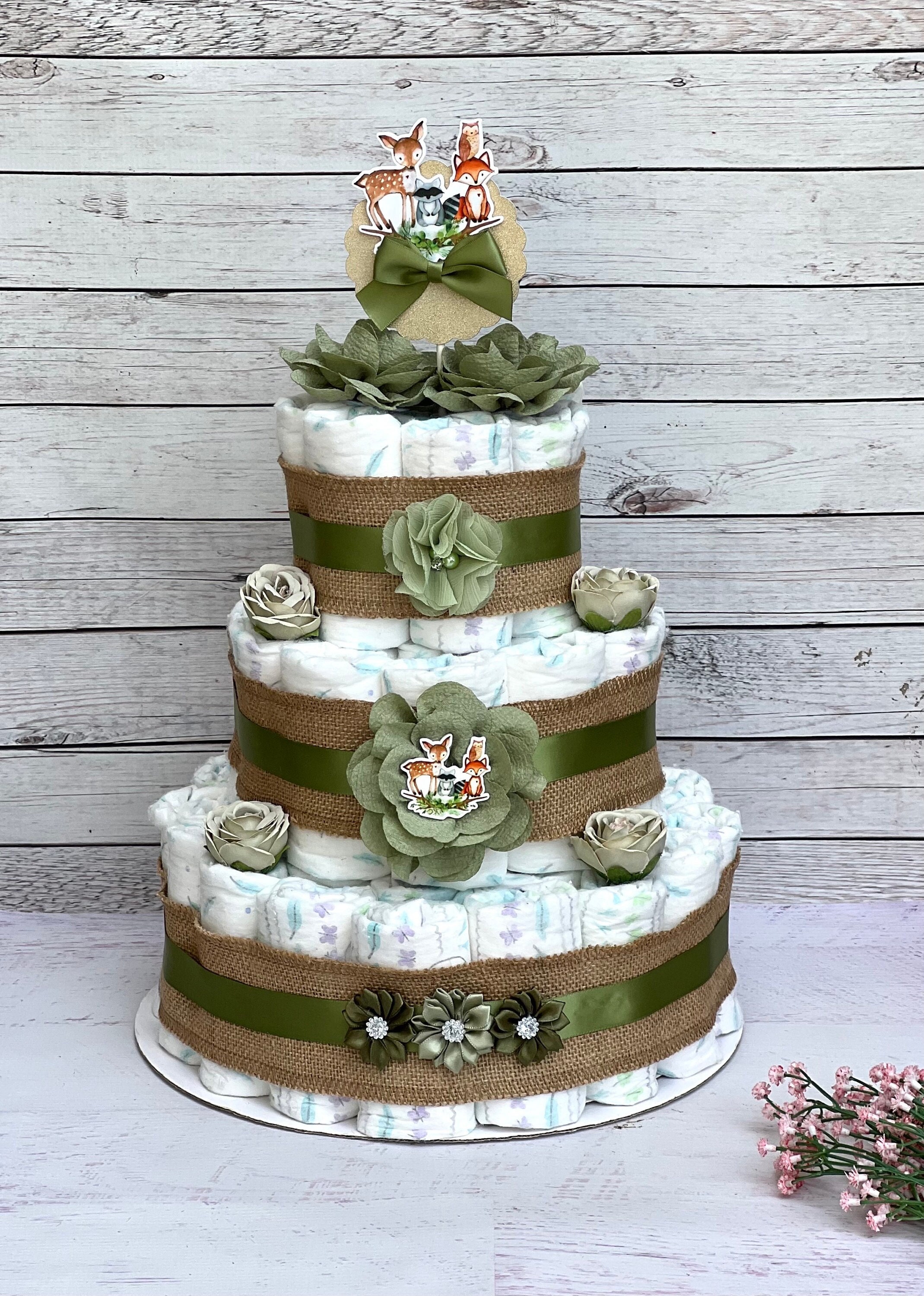 Woodland Diaper Cake Boy Woodland Baby Shower Baby Shower Gift Baby Shower Decoration Table Centerpiece 3 Tier Diaper Cake