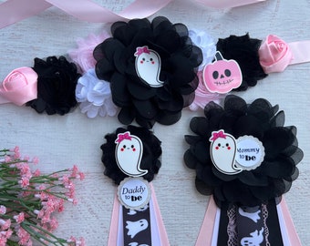 Ghost Baby Shower Sash Girl Pink Ghost Maternity Sash Halloween Baby Shower Sash Pregnancy belt Mom Sash Baby Shower Corsage Baby Bump Sash