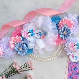 Stitch and Angel Baby Shower Sash Angel Stitch  Maternity Sash Mom to be Sash Pregnancy Sash Baby Shower Pins Baby Shower Corsages