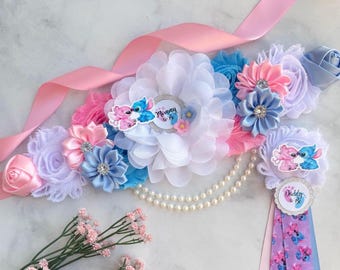 Stitch and Angel Baby Shower Maternity Sash Mom to be Sash Pregnancy Sash Baby Shower Pins Baby Shower Corsages