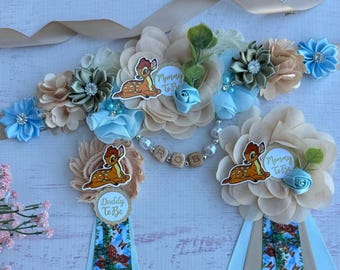 Deer Baby Shower Sash Boy Deer Maternity Belt Pregnancy Belt Baby Shower Boy Mom to be Sash Baby Shower Pins Deer Maternity sash