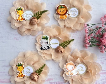 Safari Baby Shower Corsages Mom and dad to be Pins Safari Baby Shower Corsages Jungle Safari Baby Shower Pins Family Pin Grandma Pins