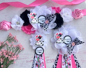 Pink Cow Baby Shower Maternity Sash , Farm Mom and Dad Pins