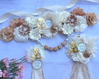 Classic Winnie the Pooh Baby Shower Maternity Sash , Gender Neutral or Girl or Boy Pooh Corsages