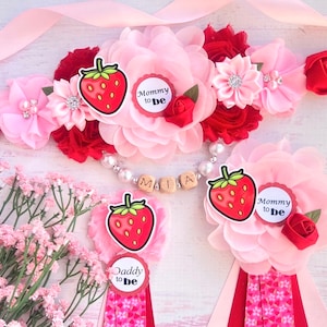 Strawberry Baby Shower Sash Red /Pink Strawberry Maternity Sash Pregnancy Sash Berry Baby Shower Girl Strawberry Sash Mommy to be Corsage