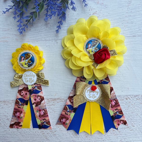 Beauty and The Beast Baby Shower Corsage Mommy to be Pin Baby Shower Corsage Daddy To Be Pin Beauty and the Beast Corsage for Baby Shower