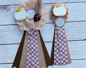 Pumpkin Baby Shower Corsage , Boho Fall Mommy and Daddy Pins