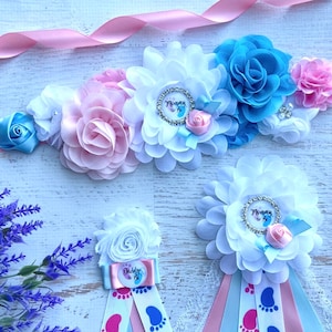 Gender Reveal Baby Shower Sash Maternity Sash Pink Blue Mommy to be Sash Pregnancy Sash Mommy to be Pin Maternity Belt