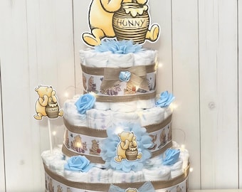 Winnie the Pooh Diaper Cake Boy with Fairy Lights, Baby Shower Centerpiece