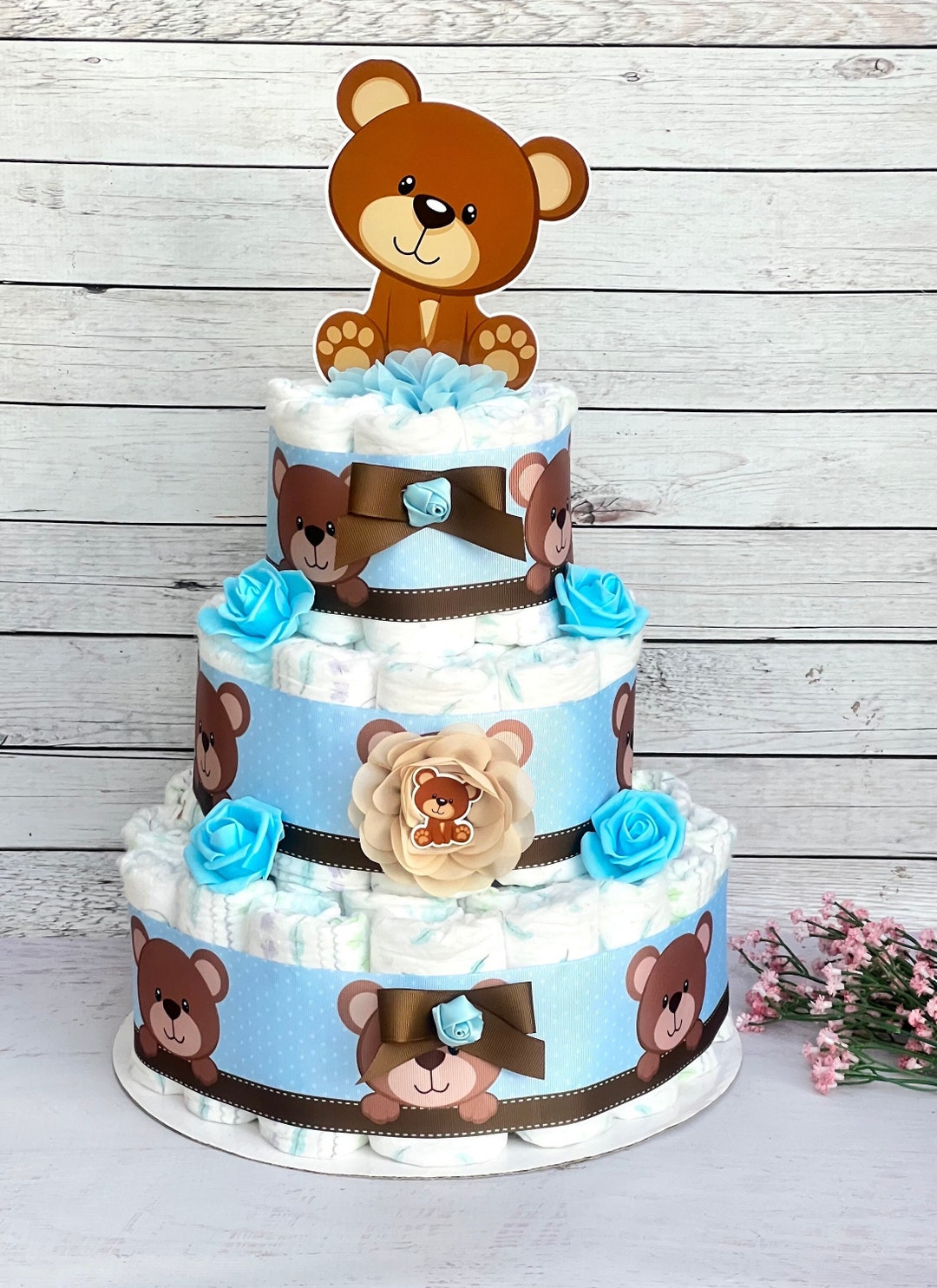 Teddy Bear Diaper Cake Boy , 3 Tier Baby Shower Centerpiece - Etsy