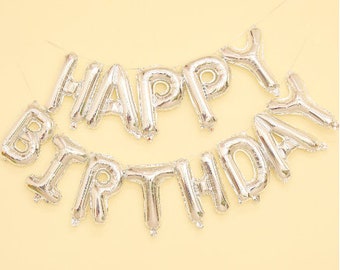 1 packages Silver Happy Birthday Balloon Banner, Inflatable Happy Birthday Balloon Banner, Happy Birthday Balloons