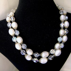 Vintage Marvella Necklace Crystal AB and White Moonglow Lucite 2 Strand 1960s image 1