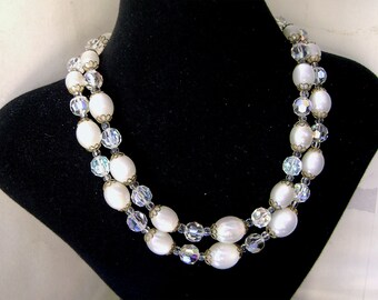 Vintage Marvella Necklace Crystal AB and White Moonglow Lucite 2 Strand 1960s