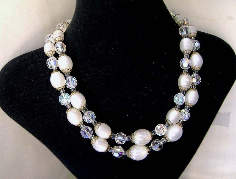 Vintage Marvella Necklace Crystal AB and White Moonglow Lucite 2 Strand 1960s image 1