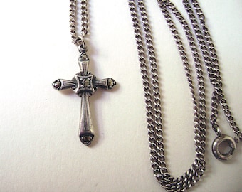 Vintage Sterling and Marcasite Engraved Cross Dainty Small Religious Jewelry Signed