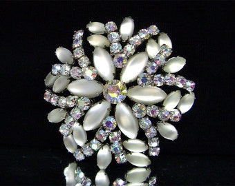 Vintage Signed Pierre Big Flower Brooch Satin and AB Rhinestone Pin 1950's