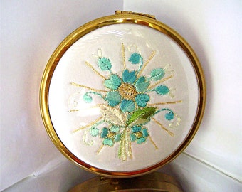 Vintage Convertible Compact Embroidered Blue Gold Flower Purse Mirror New Old Stock