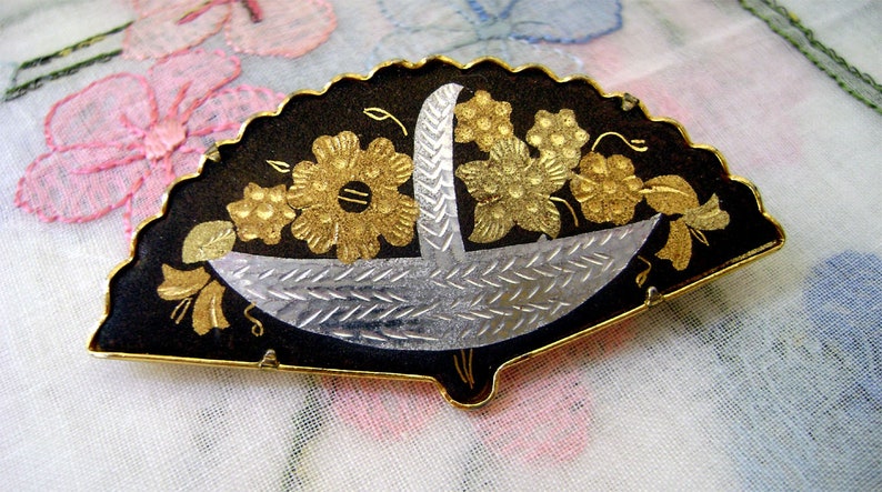 Vintage Japanese Damascene Brooch 24k Gold Inlay Black Silver Fan Shape Basket Pin