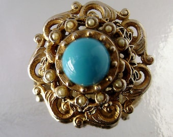 Vintage Florenza Victorian Revival Faux Turquoise Pearl Gold Tone Brooch 1950's Signed