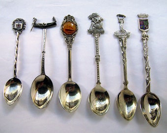6 Vintage Souvenir Spoons France Venice Queen Mary Australia Budapest