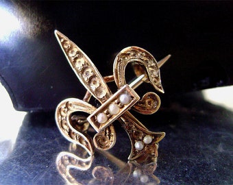 Victorian 14k Gold Fleur De Lis Watch Pin Fob Seed Pearl Brooch c. 1900s