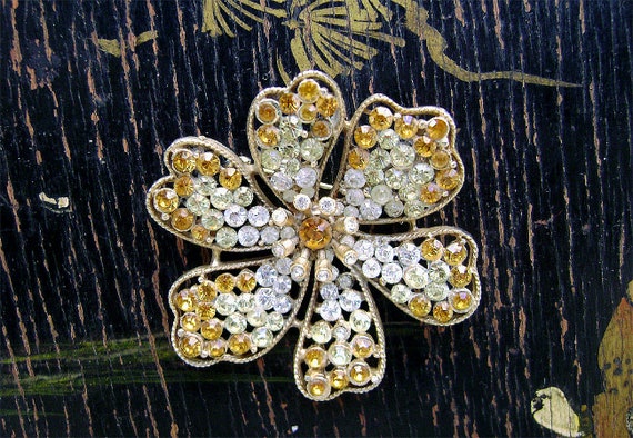 Vintage Signed Capri Rhinestone Flower Brooch Citrine Topaz Clear Stones  Gold Tone Pin 1960s 