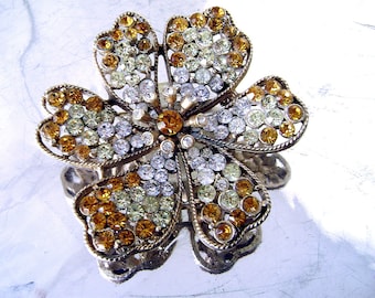 Vintage Signed Capri Rhinestone Flower Brooch Citrine Topaz Clear Stones Gold Tone Pin 1960s